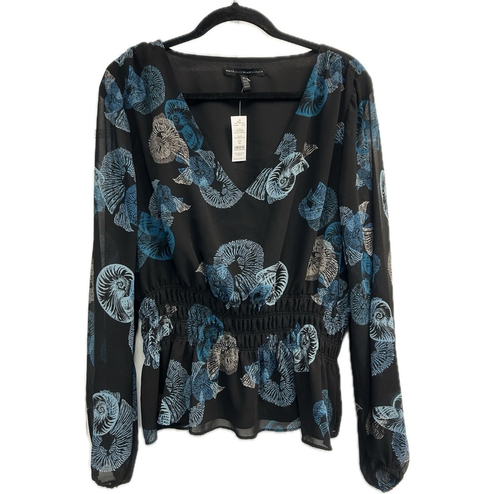 NWT White House Black Market LS Smocked Peplum V-Neck Seashell Blouse Size XL